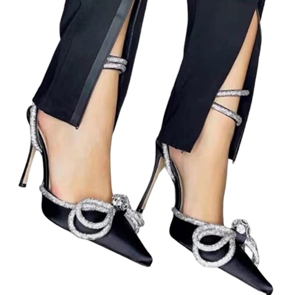 Black Wrap Slingback Rhinestone Embellished Bow Heeled Ankle Strap 3 7/8… - Picture 4 of 9